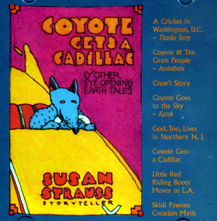 cover of Coyote Gets a Cadillac CD, with a brightly illustrated coyote driving a yellow convertible